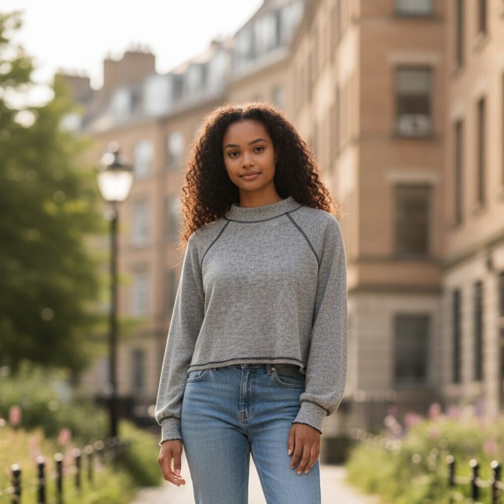 Lush Mockneck Cropped Ribbed Long Sleeve Sweater Plush Heather Grey Size XSmall